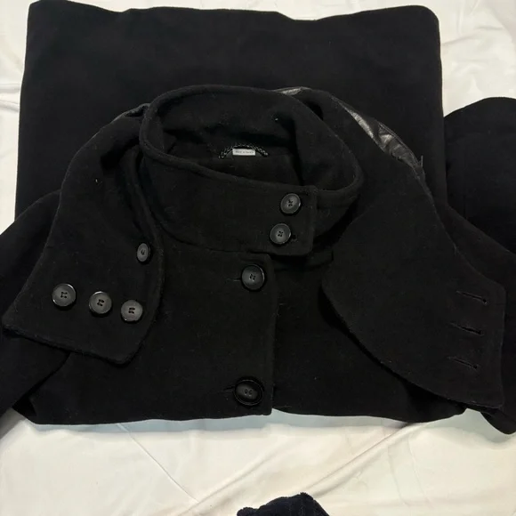 Mackage Wool Cashmere Coat Black Leather Trim Removable Collar Hood Size L - Picture 7 of 15